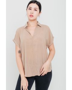 Camel Tencel Open-Neck Top